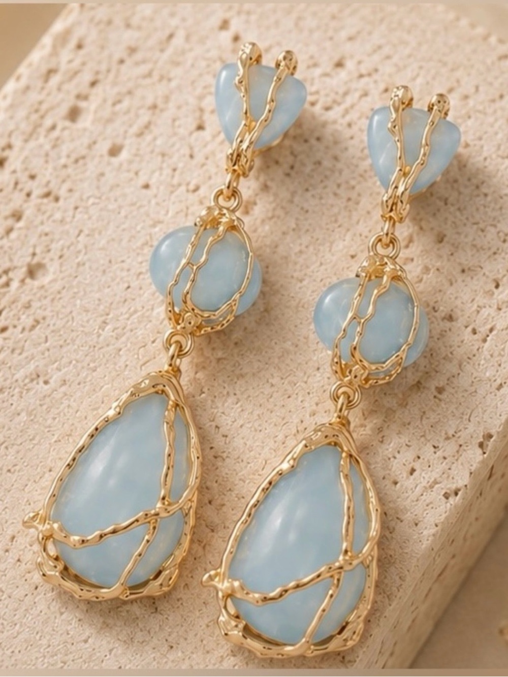 Azure Belle Sculptural Ocean teardrop light Blue Chain-Frame Earrings